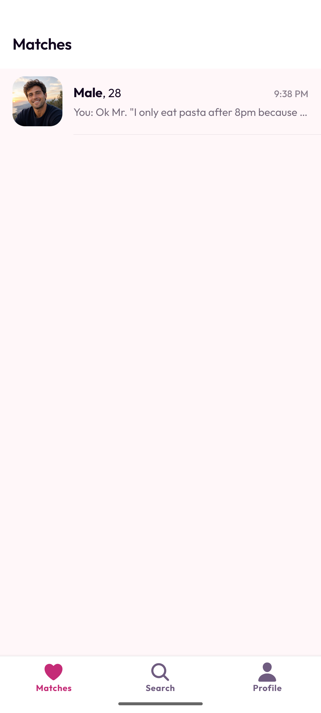 The matches list in pikk.one, showing a conversation with the most recent message.