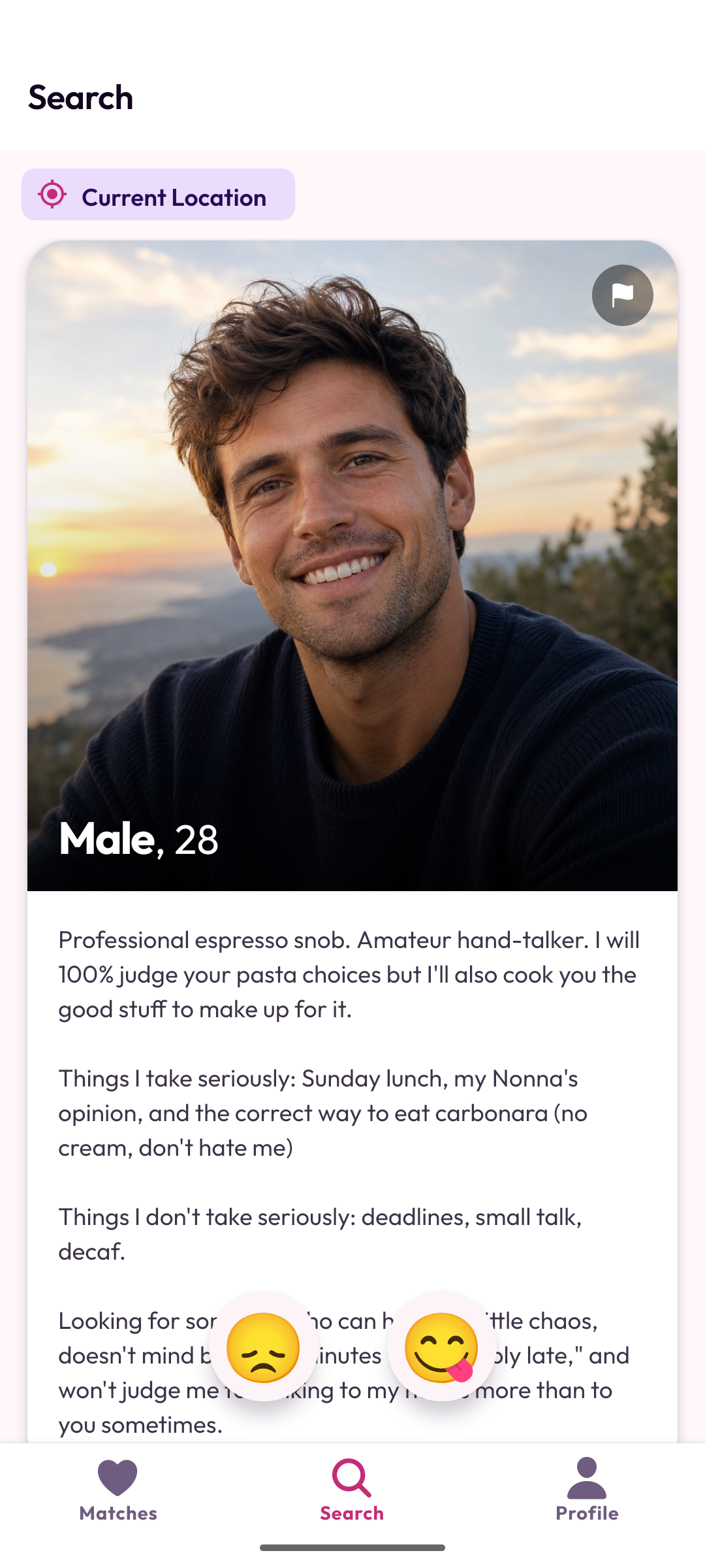 The pikk.one swipe screen, showing one profile at a time with the person's bio in full.